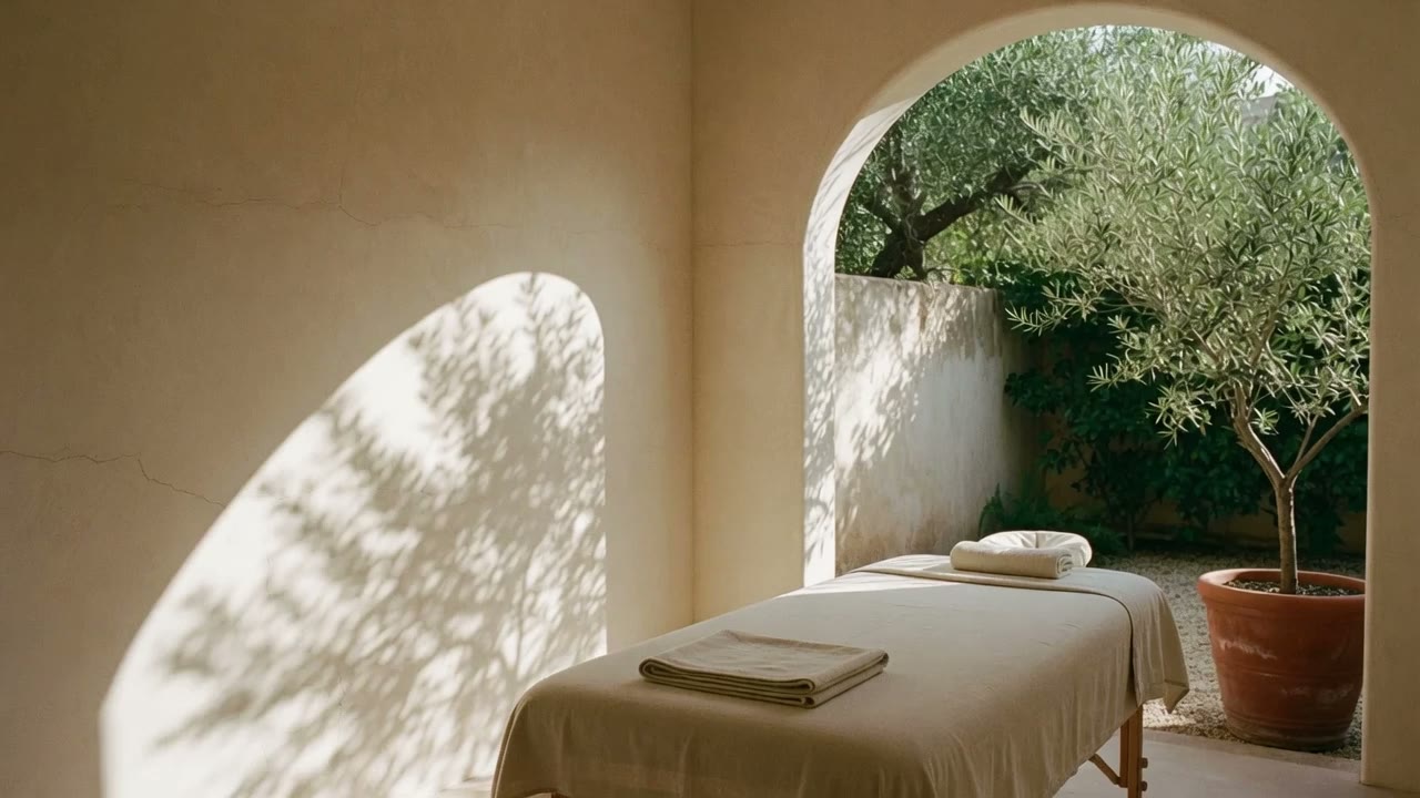 A calm, sunlit studio with leaf shadows moving across the wall