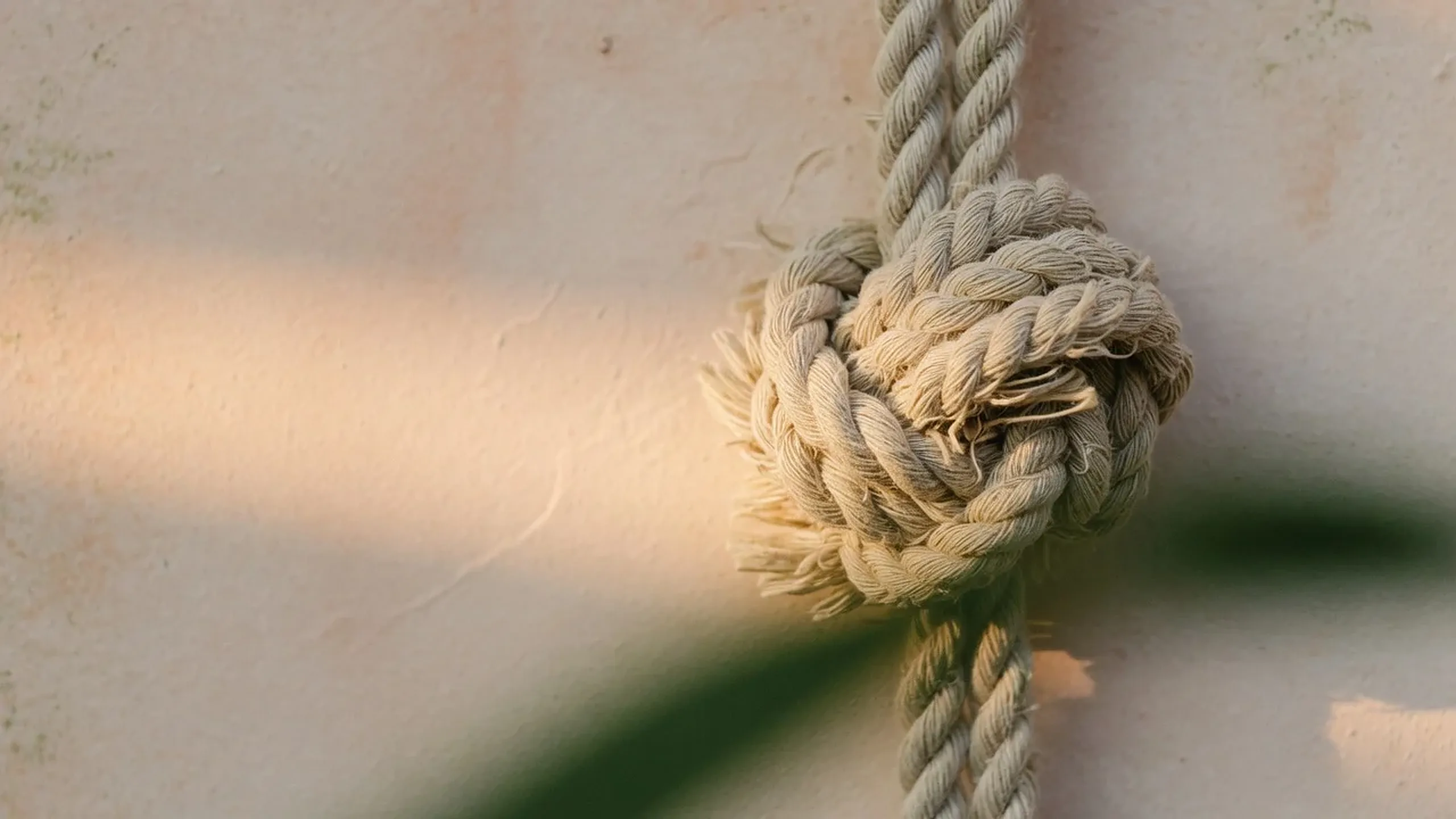 A tight linen knot on a sunlit plaster wall, the feeling of held tension