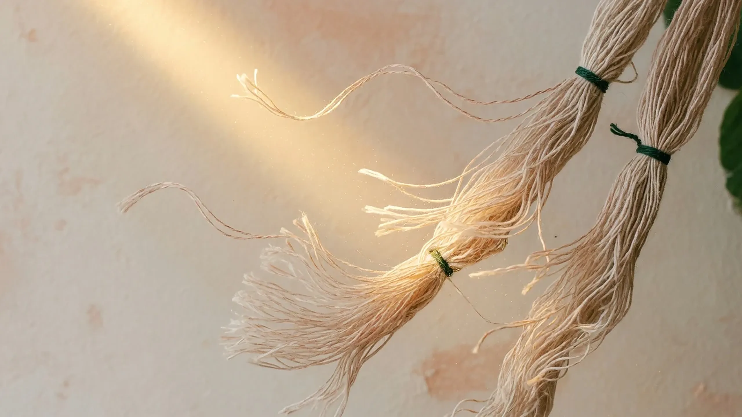 Linen cords loosening in warm light on a plaster wall