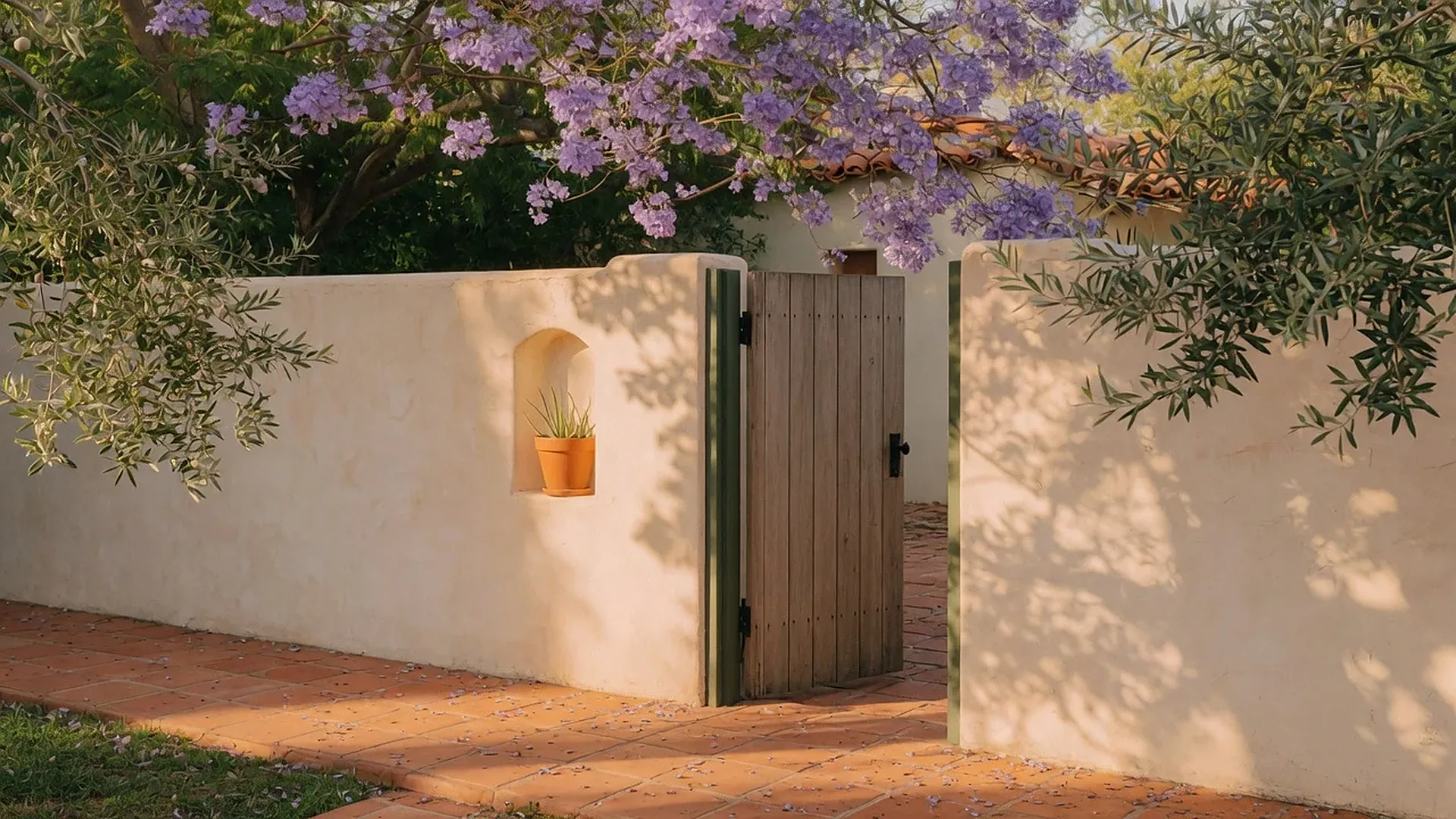 Late afternoon sun on the plaster garden wall and gate at our Valley Village studio